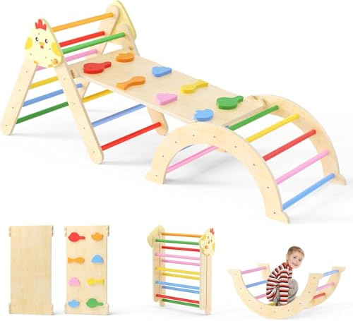 Triangle Climbing Frame for Toddlers, Foldable Wooden Indoor Climbing Triangle Set with Ramp and Arch, Montessori climbing toy ((New climbing frame three-piece set-color))