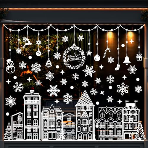 Xnova 5 Blatt Große Weiß Fensterbilder Weihnachten Selbstklebend(Weiß) | Fenster Deko Weihnachts Winter Fensteraufkleber Wiederverwendbar Weihnachtsdeko mit Häuser Schneeflocken