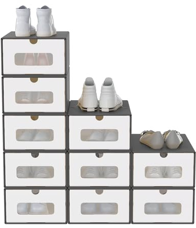 SUBTLETY 10 Stück Schuhboxen Pappkarton Schuhkiste mit Sichtfenster Klappbare Schuhschachtel aus Kraftpapier Stapelbar Schuhkarton Aufbewahrungsbox Schuhschlitze für Schuhe bis zu Größe 46 (Schwarz)