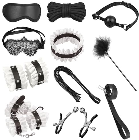 10 Stück BDSM Spitze Bondage Set SM Erotik Fesselset Sex Spielzeug mit Knebel, Halsband, Handschellen, Fußfesseln, Augenmaske, Federkitzler, Fesselseil, Peitsche, Nippelklemmen (Weiß)