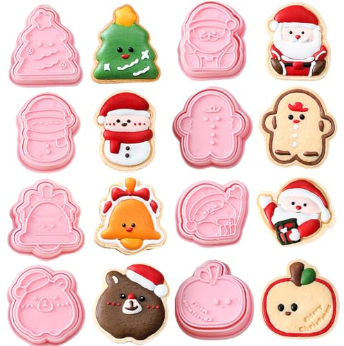SSKHE Set di 8 formine per biscotti di Natale, stampini in silicone pressabili 3D, a forma di omino di pan di zenzero, renna, pupazzo di neve, canna, fiocco di neve, albero di Natale, Babbo Natale