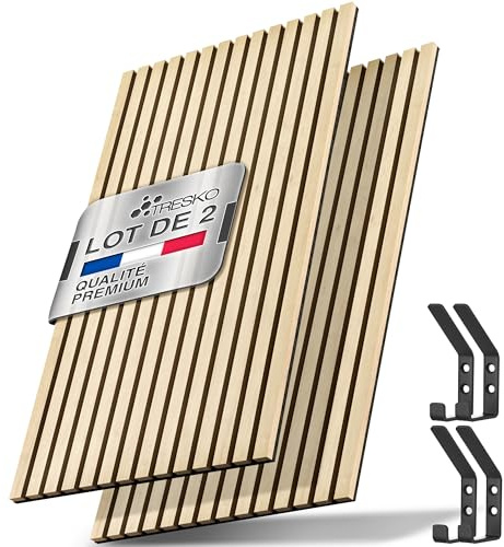 TRESKO® 2 Stück Akustikpaneele Holz 120×60x2,1 cm inkl. 4x Kleiderhaken | Wandverkleidung Weiß/Marmor als 3D Lamellenwand | Holzpaneele Paneele für Schallschutz | Akustik Wandpaneele mit Montageset