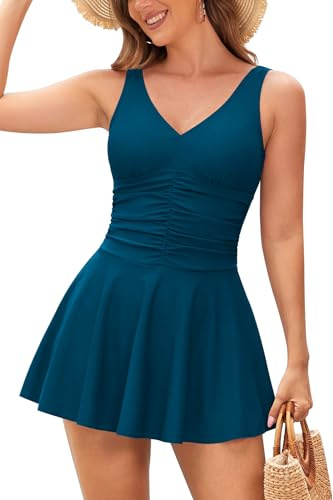 SHEKINI Damen Einteiliger Badeanzug Badeanzugkleid V-Ausschnitt Schwimmkleid Elegant Retro Bauchweg Ruched Bauchkontrolle Rückenfrei Strandbadeanzug