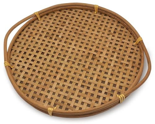 Serviertablett Rattan, SLHEQING Holztablett mit Griff Handgewebtes Bambus Tablett Deko Tablett Rund für Couchtisch Küche, Wohnzimmer
