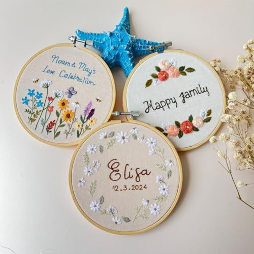 Custom Embroidered Wood Hoop,Name Banner,Floral Name Embroidery Hoop Art,Anniversary Decor,Ring Holder,Baby Shower,Bridal Shower,Wedding Decor,Hanging Ornaments (25cm9.8)