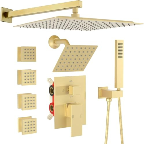 GETSHOWERSET Dual Shower Head System with Body Jets, 12+ 6 Wall Mounted Dual Rain Shower Faucet with Valve Kit, Brushed Gold