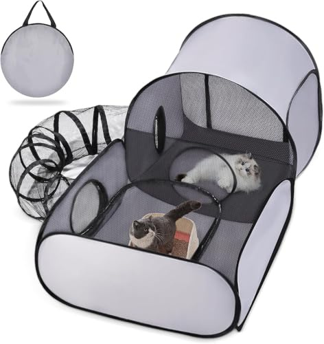 Parc portable avec tunnel – Tente pliable pour chat et chaton, maison interactive légère pour petits animaux, utilisation en intérieur et en extérieur pour la maison, le camping et les voyages (gris