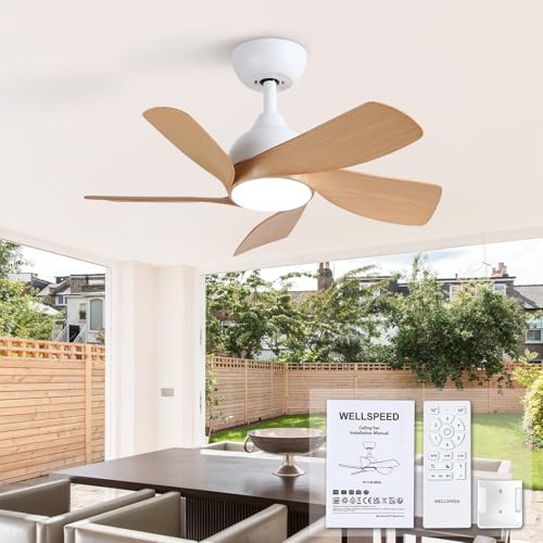 30 Inch Small White and Wood Tones Ceiling Fans with Lights and Remote | Noiseless LED Dimmable 6 Speeds Sleep Mode Timer Ceiling Fan for Bedroom Living Room Kitchen Indoor/Outdoor Patio