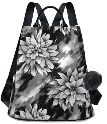 KLL Black And White Dahlia Flowerstie-Dye Fashion backpack for women Anti-theft large backpack for women for Daily College Shopping with Pom-pom keychain