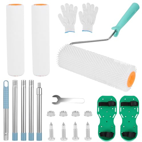 9 Inch Paint Roller Set with Spiked Roller Floor Self Leveling Roller Shoes | Painting Roller Set Spiked Shoes Spiked Defoaming Mortar Composite Roller with Extension Pole for Walls Ceilings Murals