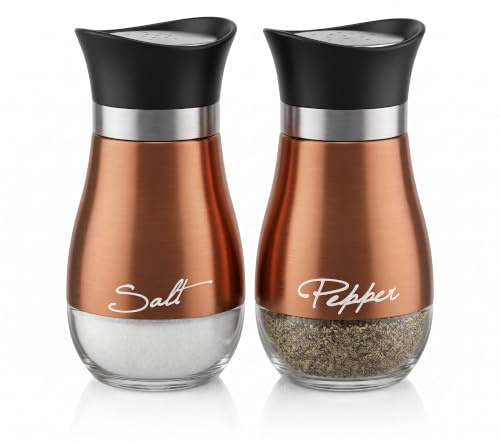 Circleware Cafe Contempo Elegant Glass Salt and Pepper Shakers Dispenser, Clear Bottom Jar Bottle Container with Stainless Steel Top, Perfect for Himalayan Seasoning Herbs Spices, 4.4 oz, Copper