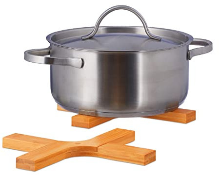 Relaxdays Sottopentole in bambù, Set 2 Supporti Pieghevoli in Legno, per Pentole, Padelle, Lavabili, LxP 18x14, Naturale