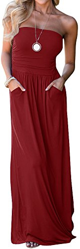 Ofenbuy Womens Off The Shoulder Maxi Dresses Summer Strapless Bandeau Long Dress with Pockets Red