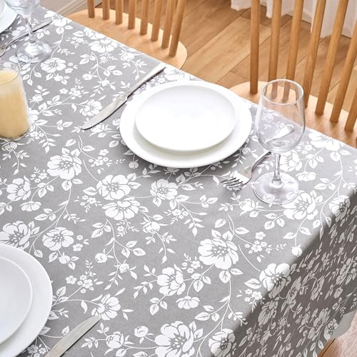 Dehaus® Wipe Clean Table Cloth - Grey Floral Bloom - Wipeable PVC Oilcloth Table Cover - Rectangular Plastic Vinyl Tablecloth - Water Resistant Easy Clean - Dining Protector (140 x 200cm)