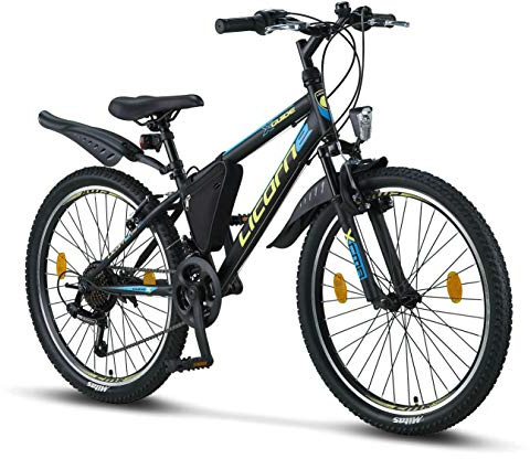 Licorne Bike Guide Premium mountainbikecykel för flickor, pojkar, män och kvinnor – 21 (18 till 20 tum) växelcykel svart/blå/lime 24