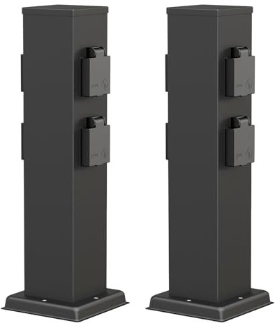 ledscom.de 2 prese da giardino a colonna POLLY per esterni, IP44, 4 vie, acciaio inox, nero, quadrate, 40 cm