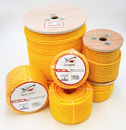Great White Yellow Poly Pro Rope, 1/4 x 600’ Twisted, Polypropylene Line, Marine, Nautical, Home, Industrial, Resists Moisture, Chemicals, Oil. Floats, Strong, Stretch Resistant