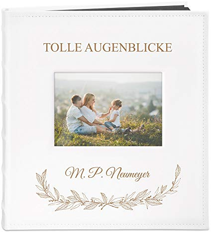Maverton Fotoalbum zum Selbstgestalten mit Bildausschnitt & Aufdruck zum Jubiläum - Fotobuch zum Einkleben - 240 Fotos im Format 10x15-60 schwarze Seiten - Größe 33x30cm - Weiß - Hochzeitsgeschenk