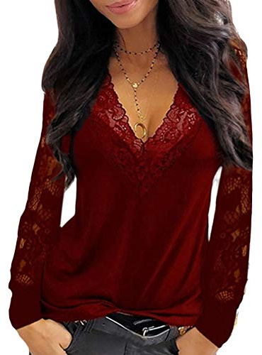Onsoyours Femme Col V Tops Dentelle Blouse Tee Shirt Slim Haut Sexy Manches Longue Épaules Dénudées T Shirt A Vin Rouge 2XL