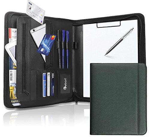 Vebon® Schreibmappe A4 groß New York I Veganes Leder, Reißverschluss + Klemmbrett I Konferenzmappe + Laptoptasche I extra Stauraum I Grün