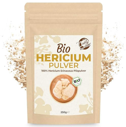 Curly Superfood Bio Hericium Pulver 250g - 100% Bio, Rohkostqualität & hohe Bioverfügbarkeit - Hericium Erinaceus Bio/Lions Mane Mushroom aus spezialisiertem Indoorzuchtbetrieb