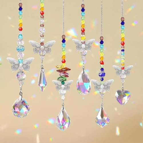 EEEKit 6 Stück Hängende Sonnenfänger Kristall Schmetterlinge Anhänger, Bunte Suncatcher Kristall Deko für Garten, Fenster, Weihnachten, Party und Hochzeitsdekorationen