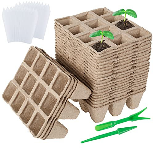 Eummy 12/24 Stück Startertabletts für Sämlinge mit 12/24 Stück Etiketten Pflanzen Biologisch abbaubar Torf Pots Umweltfreundliche Pflanze Starting Pots Keimbehälter für Garten Gewächshaus (24 Stück)