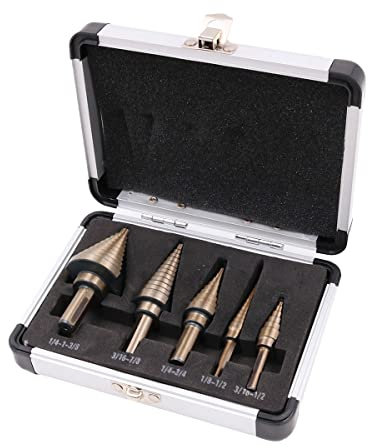 ZONADAH Juego de 5 brocas escalonadas de cobalto HSS de 50 tamaños, acero de alta velocidad con carcasa de aluminio para taladrar agujeros en madera y acero, PVC, plástico y cartón