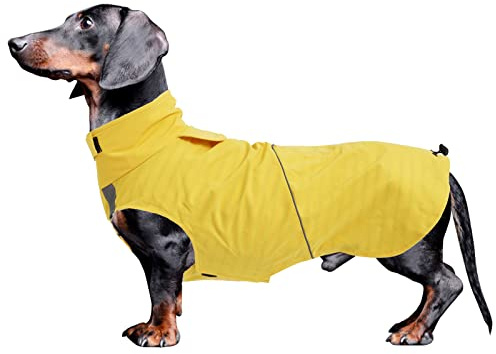 Morezi Wasserdicht & Regendicht Hundemantel mit Reflexstreifen & Bauchschutz - Leicht anzuziehen (Klettverschluss) - für Dackel & Corgi - Gelb - XL