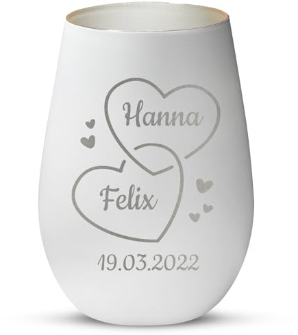 Love Faith personalisiertes Windlicht - Zwei Herzen - Weiß/Silber | Stimmungsvolles Teelichtglas - Graviere Namen & Datum - Romantisches Geschenk für Paare zum Jahrestag