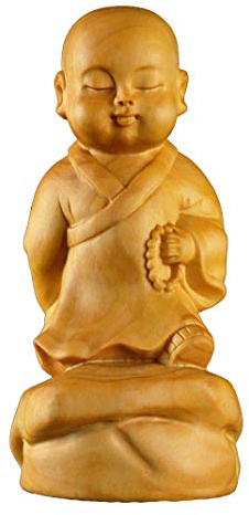 Desconocido Escultura de Estatua de Monje pequeño de Novato de Budismo Tallado en Madera de boj Natural