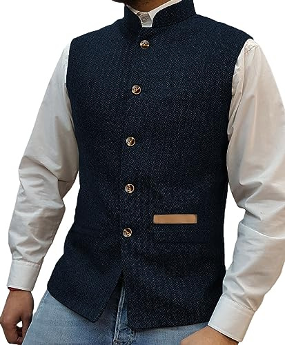 Yiaisafa Gilet Uomo da Caccia con Collo a Stand-Up Mock Tweed, Gilet Retro a Spina di Pesce Vintage per Matrimonio, Gilet in Lana per Sposo, Blu marino., 3XL