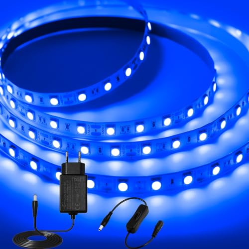 iNextStation 12V LED Strip Blau, 5M LED Streifen Dimmbar 300 LEDs SMD 5050 | Schneidbar Selbstklebend Lichtband, Schlauch Leiste für Innen Zimmer Küche Treppe Schrank Bar TV Backlight Deko, Mit Netzteil
