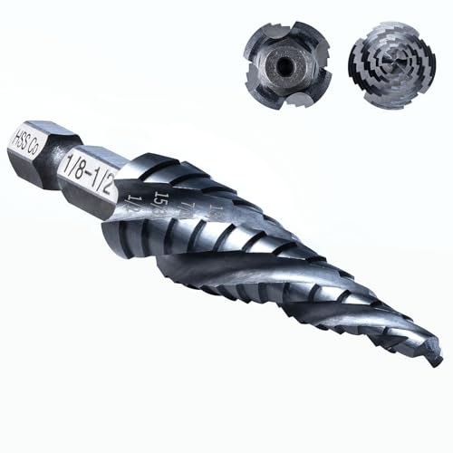 GRENPRO Step Drill Bit, 1/8-1/2 Four Spiral Flute Cobalt Step Drill Bit, 1/4 Hex Shank Step Bit for Stainless Steel, Metal, Aluminum, Copper,Aluminum, Wood, PVC