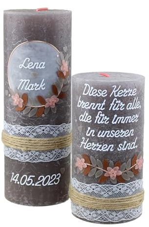 Cerziies® Set Hochzeitskerze mit Gedenkkerze Rustik mit Name und Datum, individuell und handverziert 2384, Variante:Glasteelichteinsatz