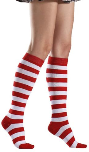 QUEENYARD Calcetines altos a rayas de algodón para mujer - Calcetines altos con rayas coloridas y divertidas, rojo / blanco, Talla única