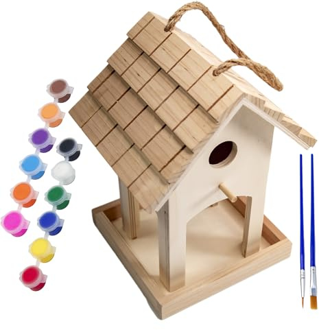 YCHTEWY-DIY Wooden Bird House,Wild Bird Feeder, Hanging Birdhouse Attract Birds & Beautify Your Yard! (Cream, A)
