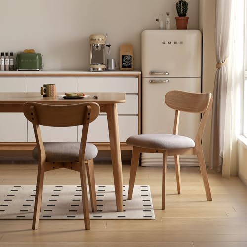100% Solid Wood Upholstered Dining Chairs, Mid Century Modern Oak Dining Chairs with Curved Back Design with Butterfly Wing Shape for Kitchen, Dining Room, Restaurant (2PK, Log Color-Grey Cushion)