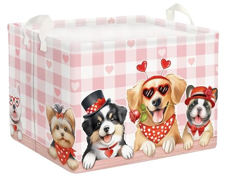 Clastyle 36L Pink Dog Clothes Shelf Basket with Handle Collapsible Rectangle Heart Cube Toy Storage Box for Bedroom Bathroom