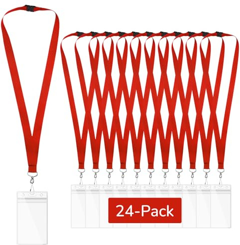Lot de 24 Rouge Cordons Tour de Cou avec Porte-Badge et Fermoir Sécurisé, Lanières en Polyester pour Carte d’Identité, Badges, École, Bureau et Événements