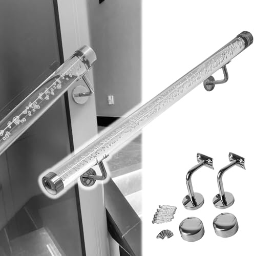 Clear Acrylic Hand Rail with Bubbles 3 4 5 6 10 12 13 14 20 Ft, Round Rod Handrail with Metal Brackets for Indoor Stair/Outdoor Step, Wall Mounted Hand Rails Grab Bar Railing(Silver Bracket,3m/10ft)