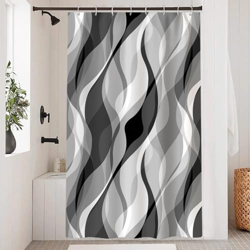 Uiiooazy Duschvorhang 120x180cm Anti Schimmel Grau Gestreift Gemustert | Duschvorhang Gradient Schwarz Streifen Wasserdicht Stoff Polyester Waschbar Bad Vorhang mit 8 Haken für Badezimmer Badewanne