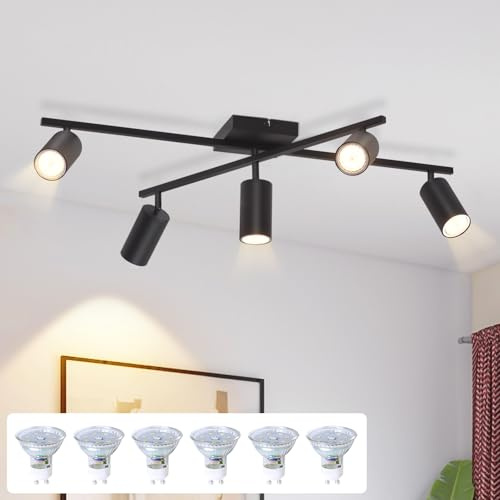 Kowanie LED Deckenstrahler Schwarz Spots Deckenleuchte 5 Flammig | Deckenspots Küche Schwenkbar modern Deckenlampe Strahler Wohnzimmerlampe Industrial Esszimmer inkl 6 5W GU10 3000K