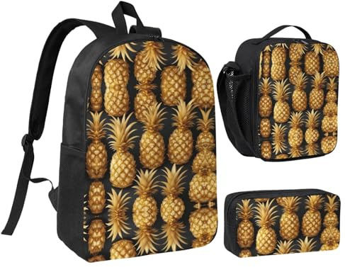 LXqlSS Mochila con estampado de fondo de piña dorada para uso diario, juego de 3 mochilas con lonchera y estuche para lápices
