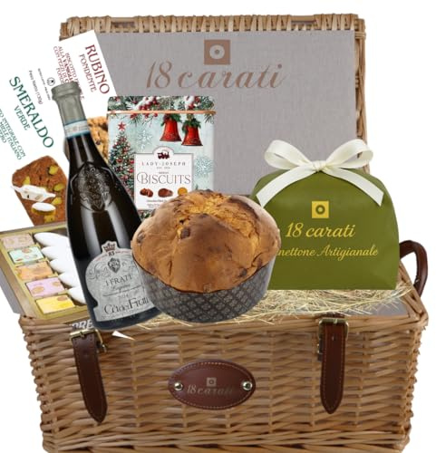 18 Carati | Cesta de regalo navideña | Panettone 1 kg | Lugana Ca dei Frati | Turrón y Calissons 275 g | Galletas de chocolate y pistacho 260 g | Lata navideña Galletas 320 g