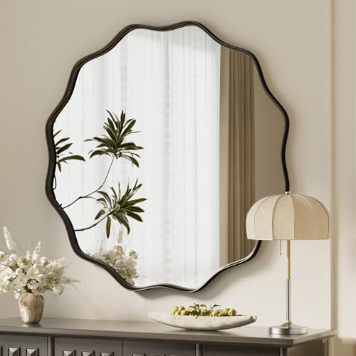 Koonmi Wavy Round Wall Mirror, 75 cm, Black | Metal frame, Textured frame, Wall-mountable, Suitable for bathrooms and hallways/entryways