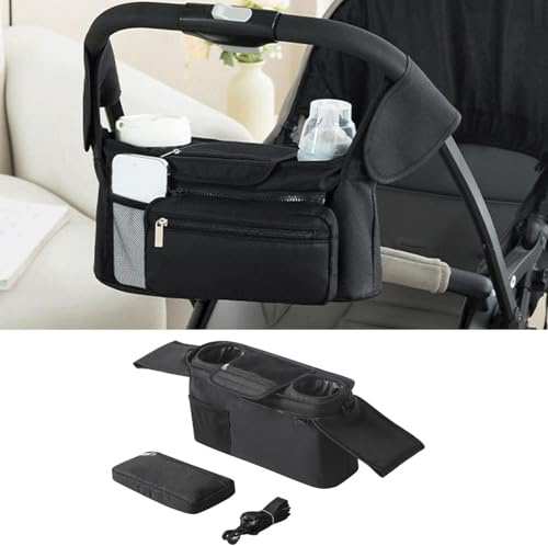 Baby Stroller Organizer with 2 Insulated Cup Holder, Water-Proof Pushchair Caddy Organizer, Detachable Pocket, Adjustable Shoulder Strap, Pram Bag Portable for Baby (Black)