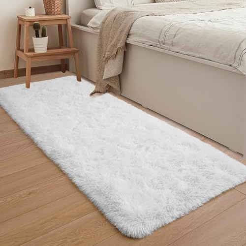 Jyswx Wohnzimmer Teppich Läufer – Waschbarer Rutschfester Fluffy Shaggy Teppich, Weicher Kuscheliger Teppich für Schlafzimmer, Kinderzimmer, Flur und Wohnzimmer, 50x180cm, Weiß