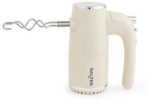 Salter Cream Retro Hand Mixer – Batidora eléctrica, 5 velocidades + Turbo, batidor XL cromado y accesorios para gancho de masa, Batidora para repostería, Función de expulsión, 400W