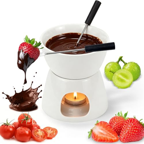 sudatong Schokofondue Set Schoko Fondue Fondueset Keramik Schokoladenfondue Tassen-Schmelzen mit Gabel - 300ML Mini Porzellan Topf für Schokolade Käse Butter Fondue Topf für Zuhause Küche Liebhaber